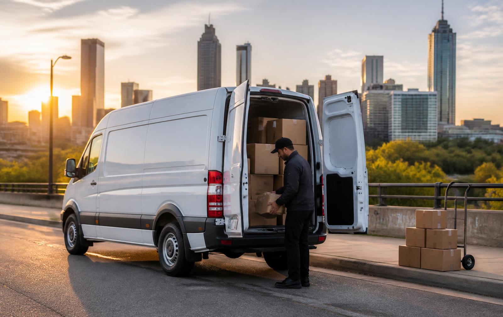 DSD Courier cargo van loading packages with the Atlanta skyline behind it